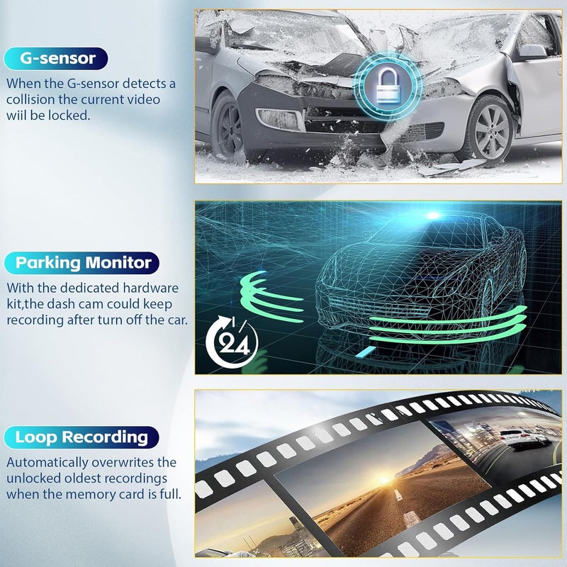 AMprime 2K Mirror Dash Cam, 9.66 Inch 3 Channel Front Rear Inside View Mirror Camera Triple Mirror Dash Cam Night Vision,G-Sensor,Parking Assistance,APP Control,24H Parking Monitor,Waterproof Backup Camera - Image 4